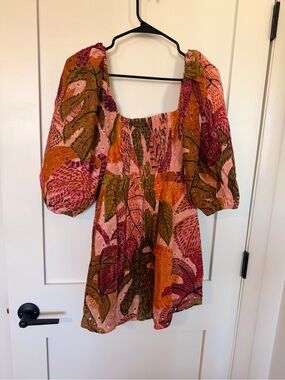 Mini Dress with Puff Sleeves in Pink & Orange Leaf Print